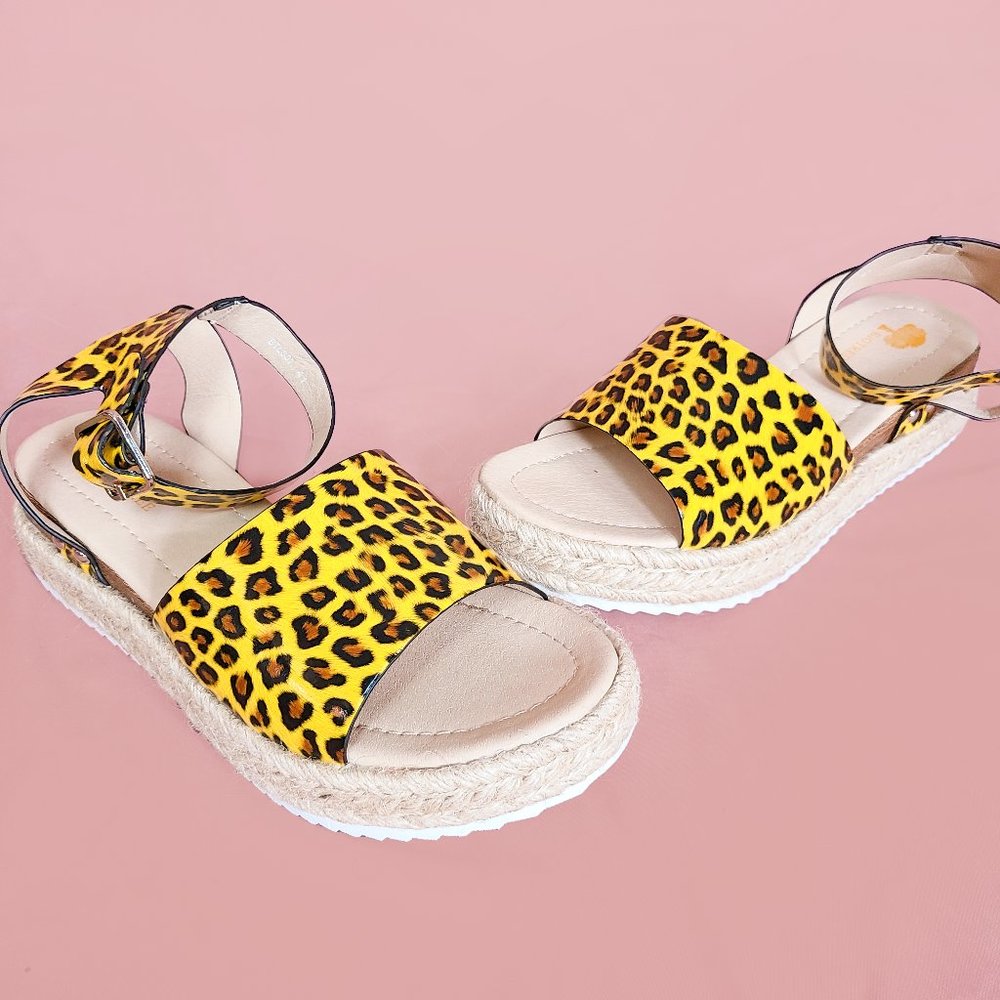 BigTree leopard open toe sandals w/ woven platform